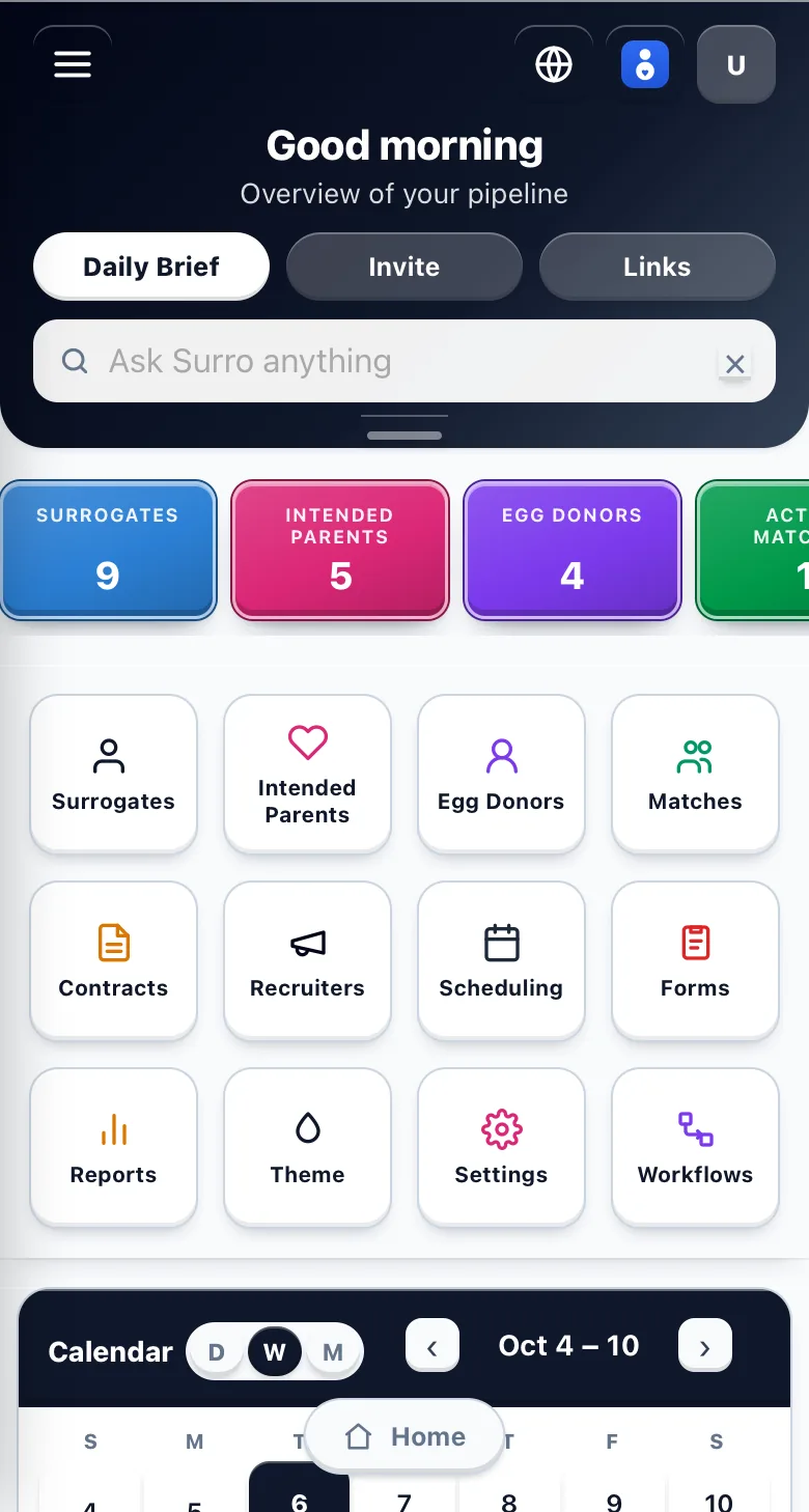 The SurroHub dashboard on a phone